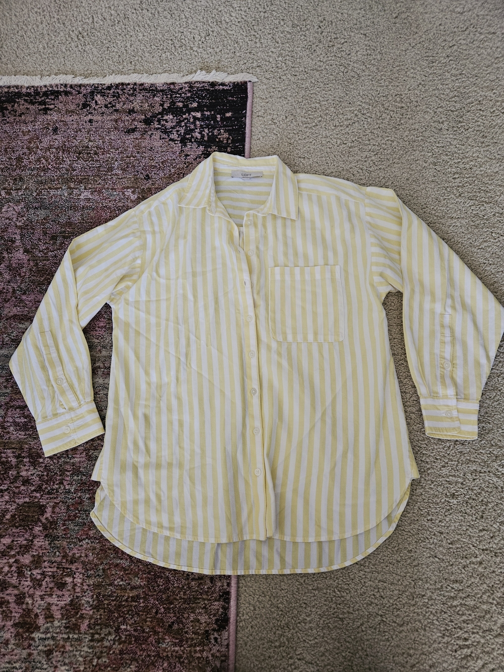 LOFT Yellow and White Striped Button-Down Shirt